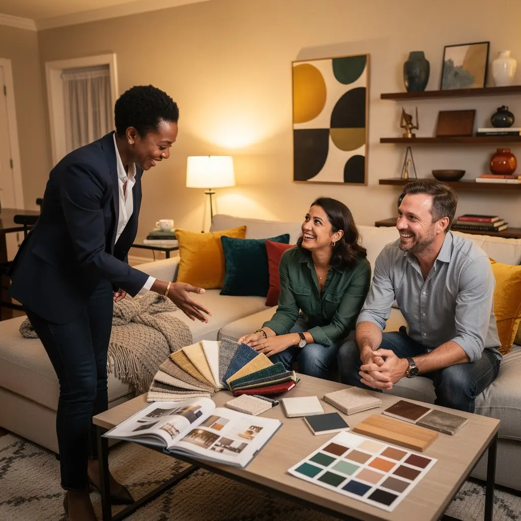 Jadalnia z dużym stołem i wygodnymi krzesłami w przyjemnych odcieniach.